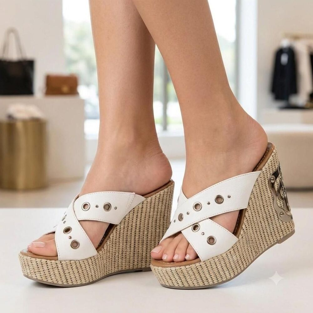 Baby Phat White Grommet Platform Wedge Sandals Size 6M Vintage Y2K